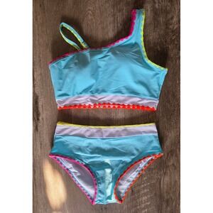 Girls Blue One Shoulder Bikini Set Neon Rickrack Trim Swimsuit Size 12Y 11-12Y